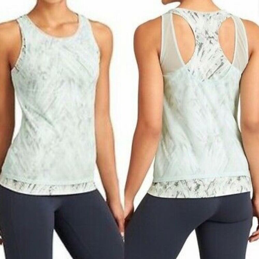 Athleta Palm Radiance Size S Green & Gray Tank with Mesh Overlay Athletic Yoga
